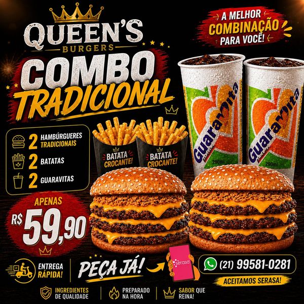 COMBO - 02 TRIPLOS BURGERS + 02 GUARAMOR + 02 BATATAS PEQUENAS